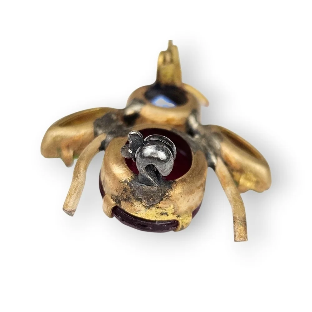 Vintage Bug Brooch Jewel Tone Glass Rhinestone Colorful Bee Fly Insect Brass